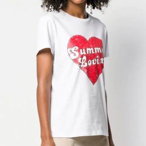 PINKO "Summer Loving" Print Distressed Cotton T-shirt In White - Sz S